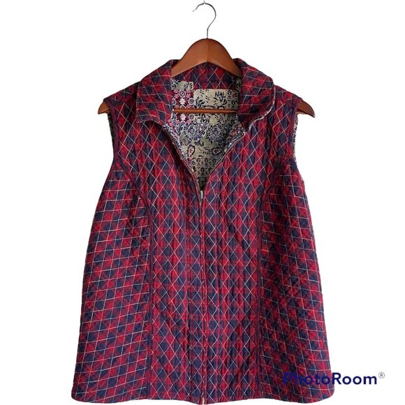 Quilted Reversible Full Zip Blue Red Paisley & Diagonal Plaid Women's Vest L - Picture 12 of 15